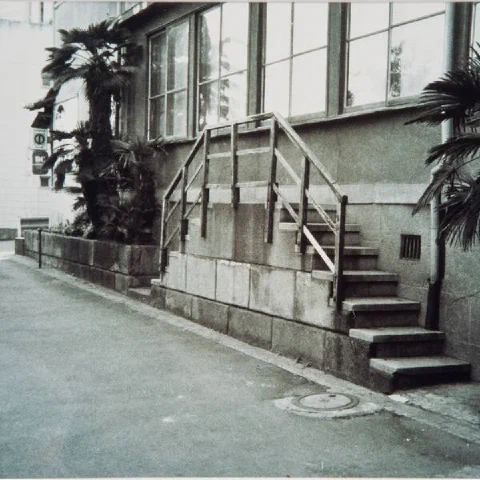Une photo d'escalier menant nulle part, qui monte puis descend immédiatement après. Une rembarde en bois est visible le long des marches.