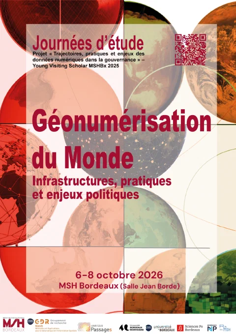 Affiche des journées d'étude Géonumérisation du monde : le titre et la date de l'événement sont affichés en gros caractères sur un fond composé de globes terrestres colorés.