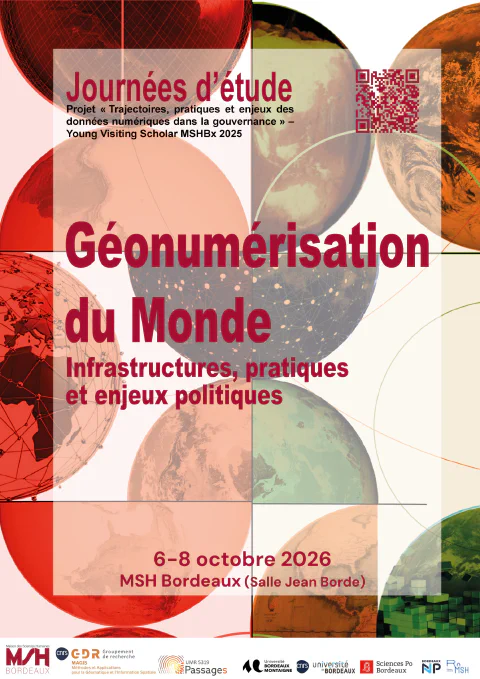 Affiche des journées d'étude Géonumérisation du monde : le titre et la date de l'événement sont affichés en gros caractères sur un fond composé de globes terrestres colorés.