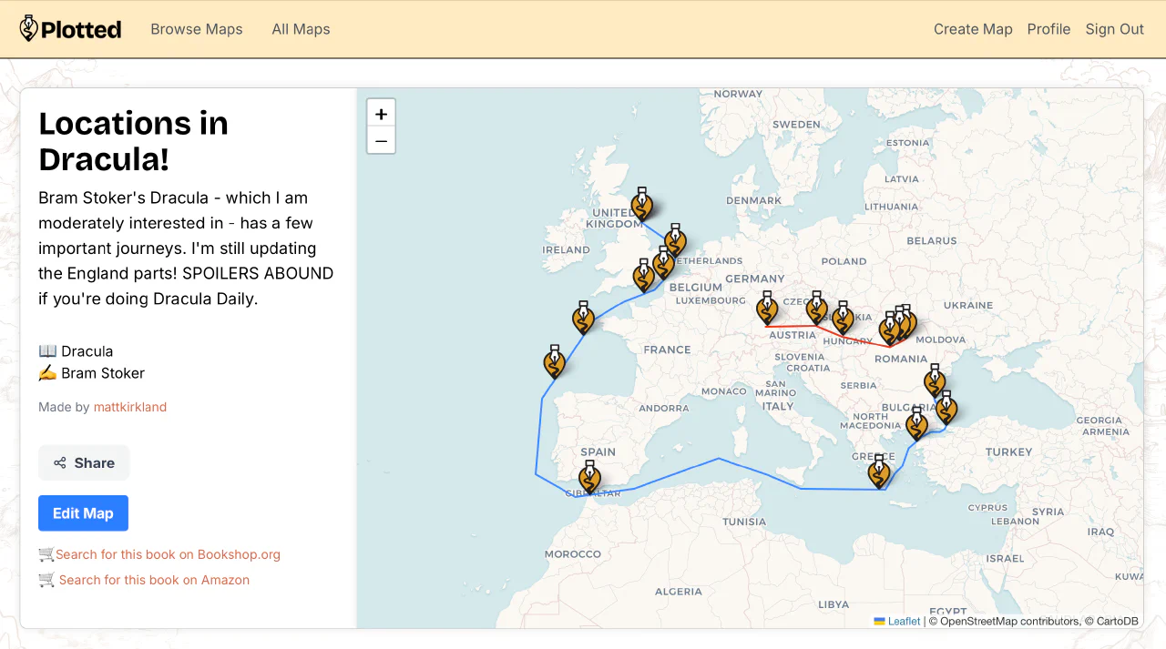 Capture d'écran de l'application Plotted : exemple des lieux de Dracula