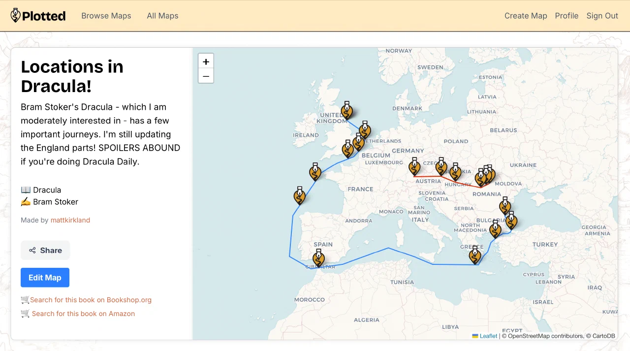 Capture d'écran de l'application Plotted : exemple des lieux de Dracula